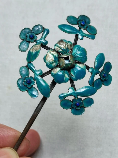 Épingle Du Cheveux en argent émaillé bleu poinçon étrangère Chine ou Japon