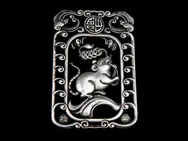 Tibetan Silver Highly Detail Crafted Pendant Zodiac Mouse w/ Bats Blessing FU