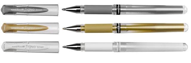 3 X Uni-Ball Signo Large Stylos Gel UM-153 - Doré +Argent+ Blanc = 1 De Chaque