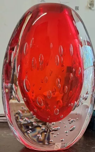 Heavy Murano glass  red glass with bubbles, oval glass vase, handmade With Sign