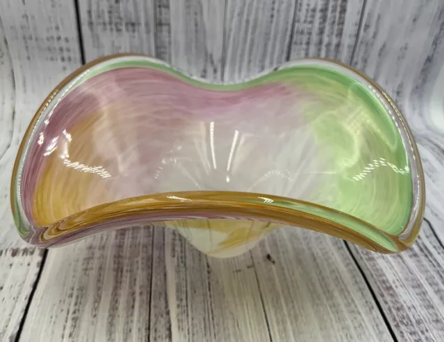 Vtg MURANO Glass Bowl Hand Blown MCM Glass Centerpiece Swirled rainbow Ruffled