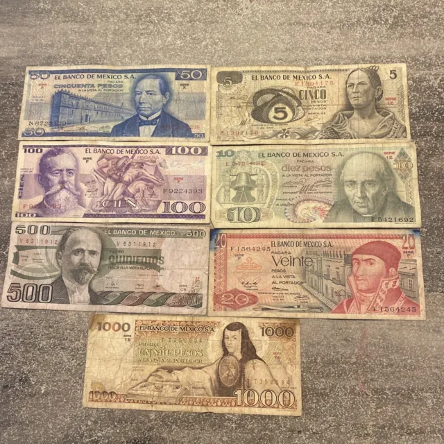 MEXICO -PESO BANKNOTES-7 Pieces 5,10,20,50,100,500,1000  MEXICO BILLS