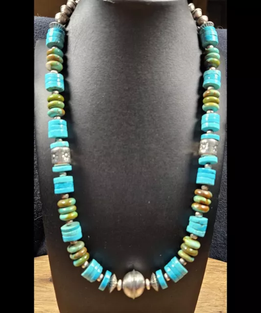 Sterling NAVAJO PEARL Turquoise Bench Beads Southwestern Necklace VTG Silver 18"