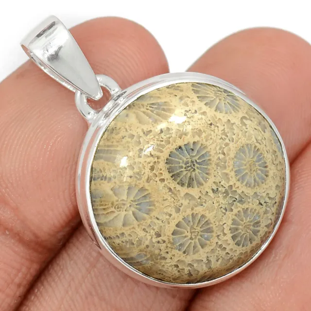 Natural Indonesian Fossil Coral 925 Sterling Silver Pendant Jewelry CP34187