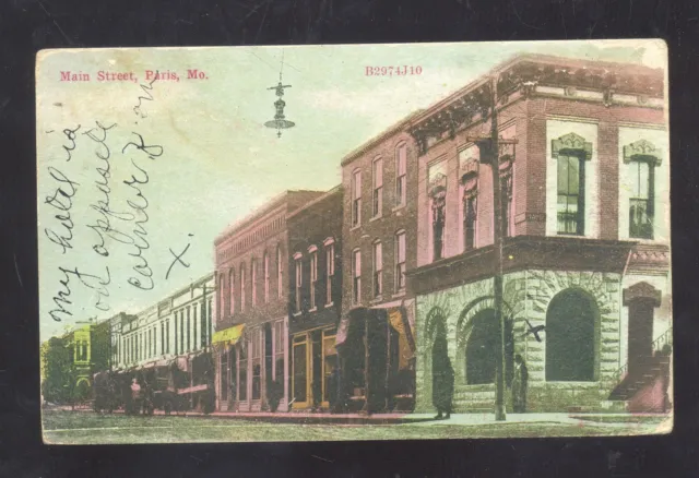 Paris Missouri Downtown Main Street Scene Stores Vintage Postcard 1909