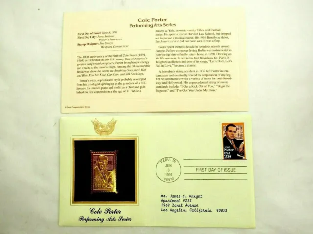 Cole Porter Performing Arts Series 22k Gold Stamp Replica 1st Day Issue 6,8,1991