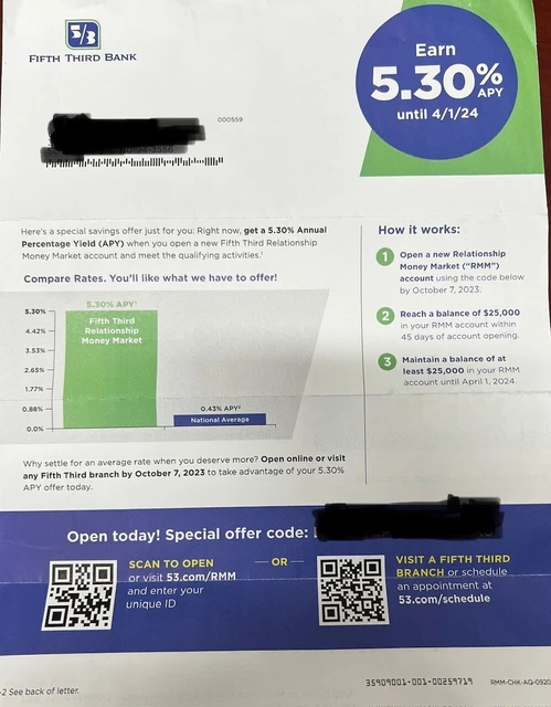 5/3 Fifth Third Bank Earn 5.3% APY Money Market Account, Exp 10/7/2023