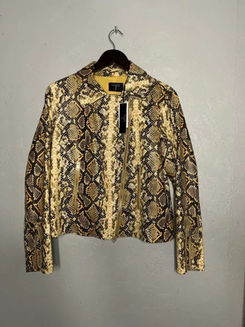 Tahari NWT Women’s Faux Yellow Python Jacket Size M Gold Zippers Pockets