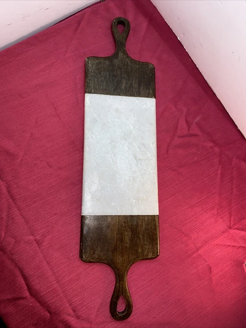 Aman India Marble Inlay Dark Wood Block Cutting Cheese Board Double Handled