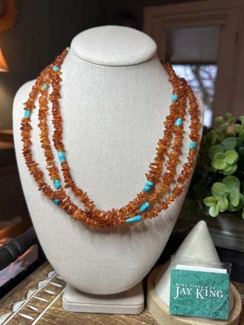 Mine Finds By Jay King DTR Triple Strand Amber & Turquoise Gemstone Necklace 925