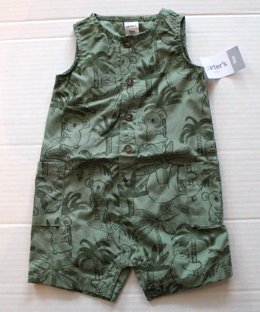 Carter's Green Koala / Sloth Print One-Piece Romper Infant Baby Boy 9 Months NEW