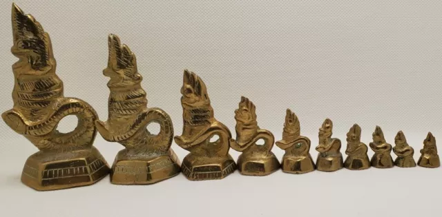 RARE Set of 10 BRASS ORIENTAL OPIUM WEIGHTS. NAGA CHARACTERS. VINTAGE