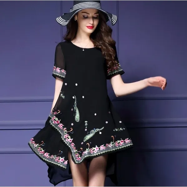 Elegante raffinato vestito abito donna assimetrico romantico nero fiori 3625