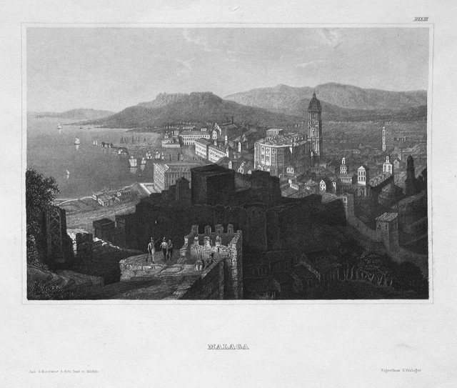 Málaga Spagna España Andalusia Vista Grabado Incisione Acciaio Engraving 1840