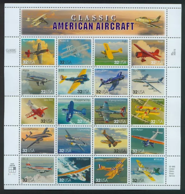 Classic American Aircraft Sheet of Twenty 32 Cent Stamps Scott 3142a By USPS