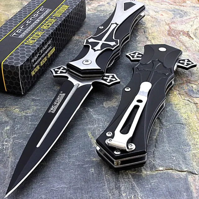 9" Tac-Force Spring Assisted Stiletto Pocket Knife Blood Groove & Cross + P-Clip