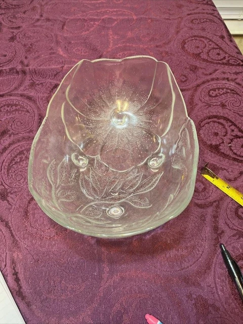 Glass Fruit Bowl Large Heavy 4 Footed Centerpiece Clear Embossed Flower Vintage