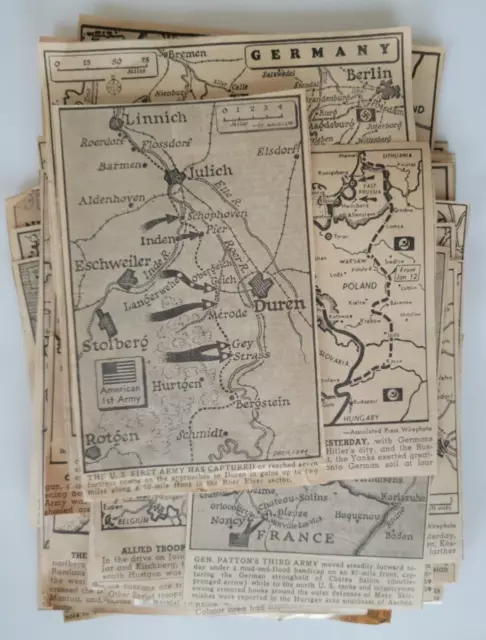 WWII Allied War In Germany Misc Cities 1944/45 US Newspaper Maps 2+ Dozen Clips