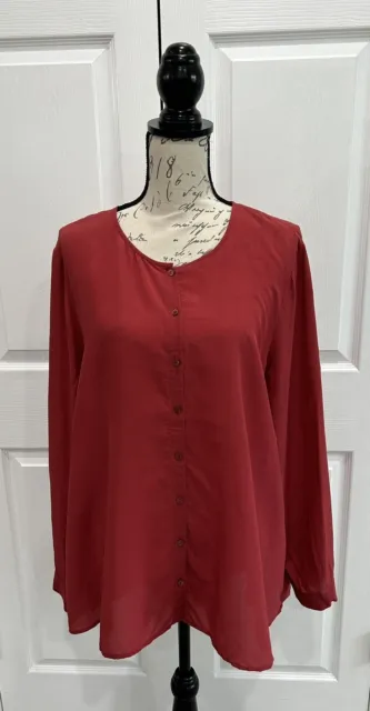 EILEEN FISHER Red 100%Terracotta Red 100% Silk Button Up Tunic Top Size Large