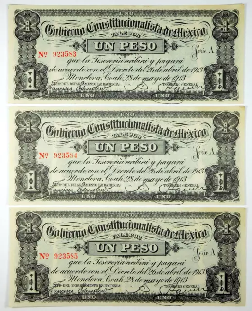 1913 Mexico Revolutionary Gobierno 1 Peso Note Lot - Pick S626 - 3 Consec. Notes