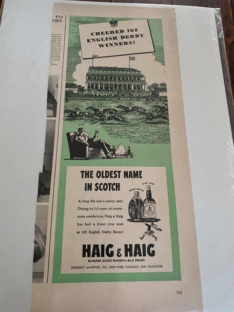 Vintage 1942 Haig & Haig Cheered 162 English Derby Winners Whiskey ad