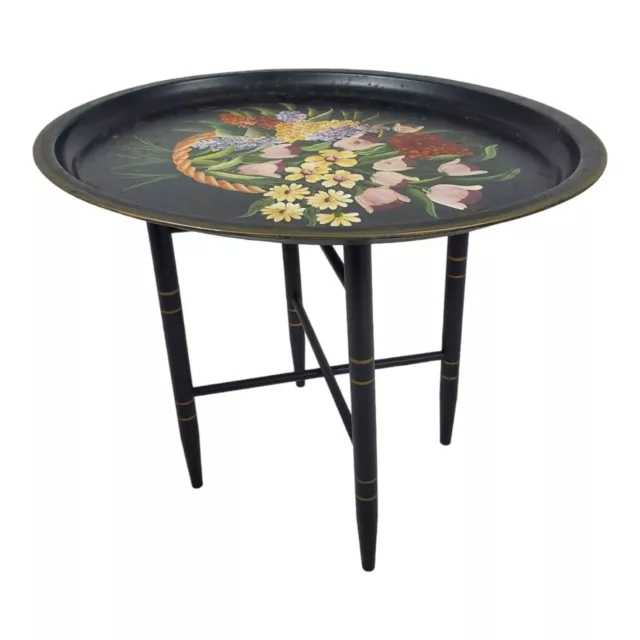 Vintage Toleware Tray Top Table Ebonized Folding Base Chippendale Chinoiserie