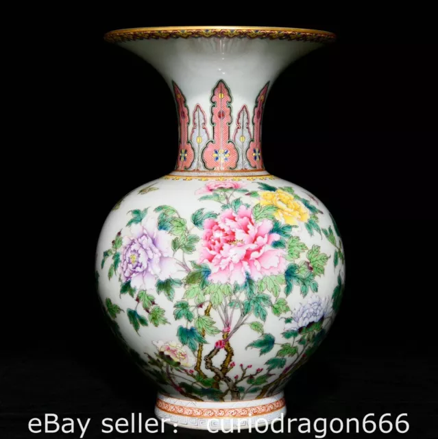 11.9" Chinesische Pastell Porzellan Pfingstrose Blume Schmetterling Zun Flasche