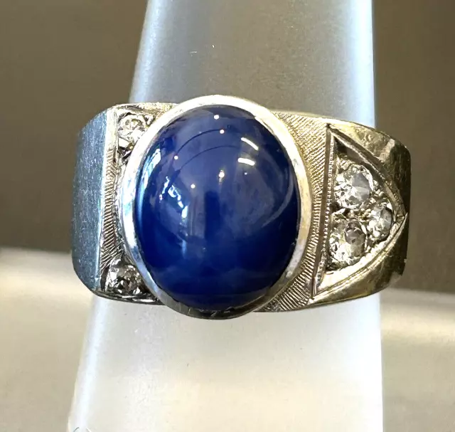 14k White Gold Large Blue Star Sapphire & Diamond Ring Size 7 ~ Solid 11 Grams