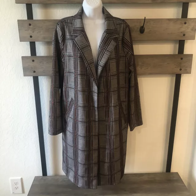 Melloday Houndstooth Long Trench Coat Brown Womens L Open Front Pockets NWOT