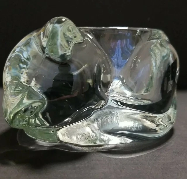 Vintage Indiana Glass Clear Crystal Sleeping Cat Votive Candle Holder Art Glass