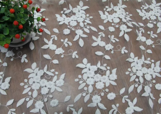 Naturweiss Bestickt Braut Spitze Stoff Blumenmuster Hochzeit Kleid DIY Tüll Rand