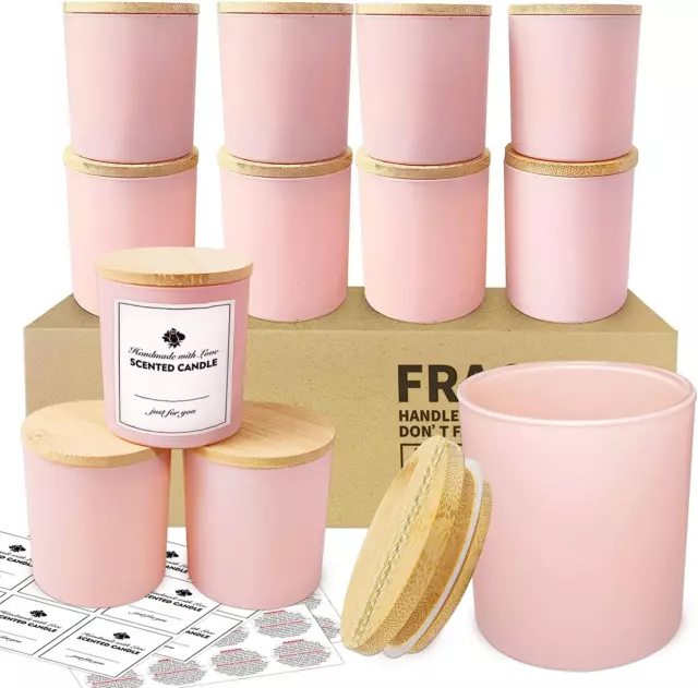 12 Pack 10Oz Pink Glass Candle Jars for Making Candles with Bamboo Lids Sticky