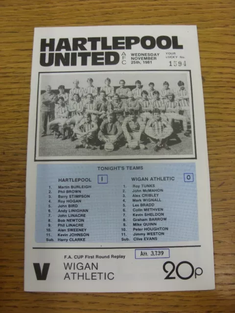 25/11/1981 Hartlepool United v Wigan Athletic [FA Cup] (score on front). Any fau