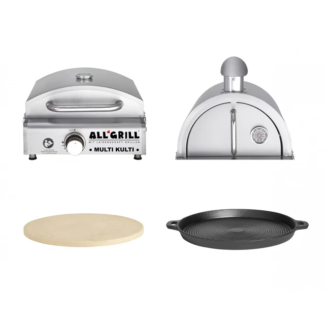 Allgrill MULTI-KULTI Set 4 zündgesichert-Grill+Pizzahaube+Pizzastein+Gusspfanne