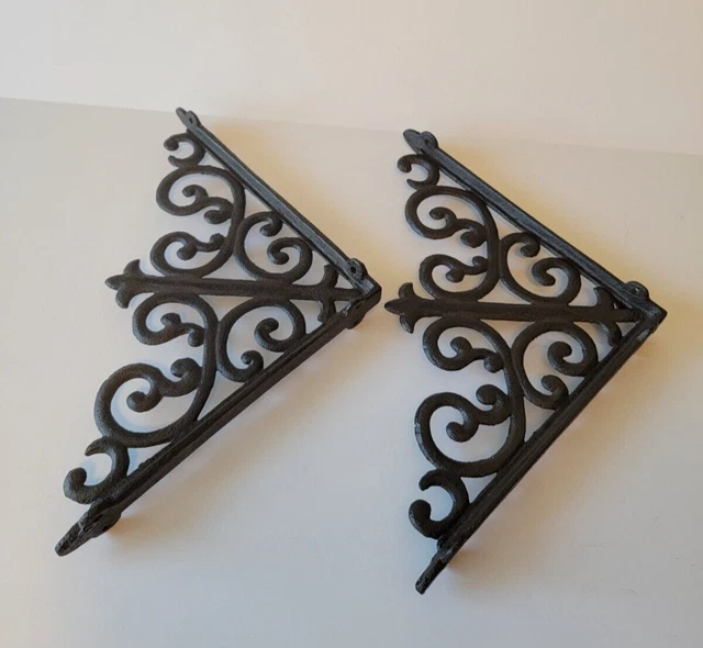Cast Iron Antique Style Ornate Scroll Shelf Brackets Dark Brown 10" Set Of 2 3