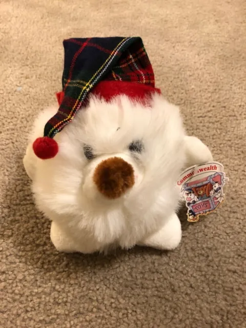 NWT 6" COMMONWEALTH White Puffball Puppy Dog Plaid Hat Plush Stuffed Animal Toy