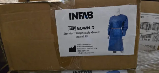 INFAB Case of 50  Blue Disposable Gowns, Size standard "Made in the USA"