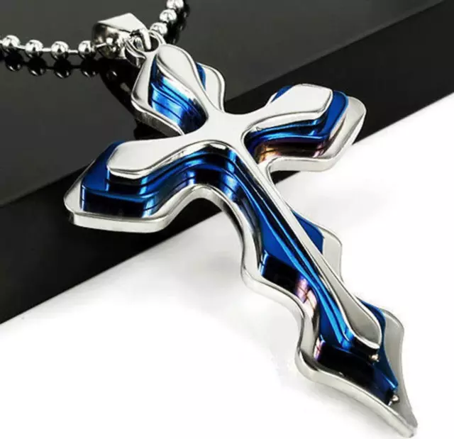 Ice City Silver and Blue Cross Titanium Pendant Stainless Steel Chain Necklace 3