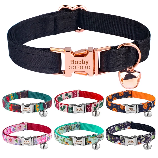 Small Personalised Cat Collar with ID Tag Engraved Kitten Puppy Collar with Bell