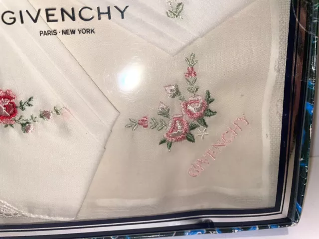 Vtg GIVENCHY Paris New York Embroidered Womans Handkerchief Set Of 3 2