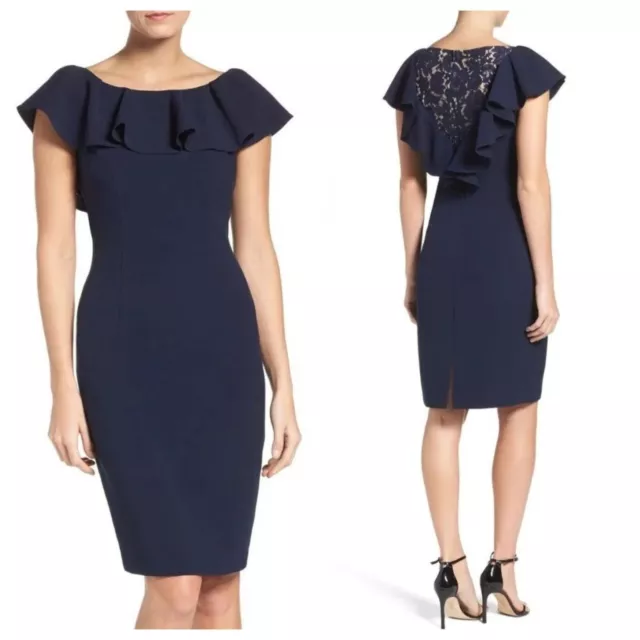 Eliza J Ruffle Lace Back Knee Length Sheath Cocktail Dress Navy Blue Womens 4