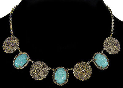 Vtg Art Deco Egyptian Revival Turquoise Glass Scarabs Filigree Brass Necklace