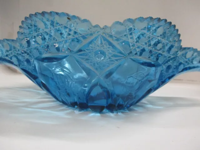 Vintage KEMPLE Blue NAPOLIAN HAT Glass Candy Bowl-Star & Button Etched Roses 2