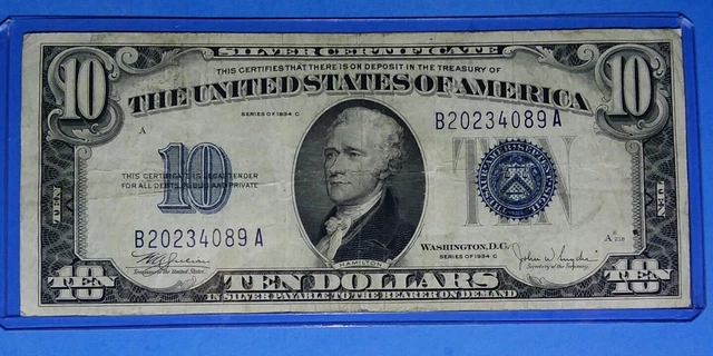 1934 C $10 Silver Cert.! Blue Seal, Vf. Circ. Cond.! Old Us Currency! Nice !