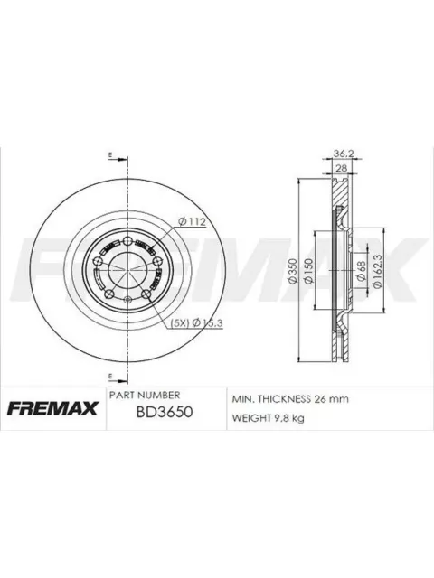 Fremax Brake Disc Rear Each Audi Q7 (4M) 3.0Tdi 08/2015-On (BD-3650)