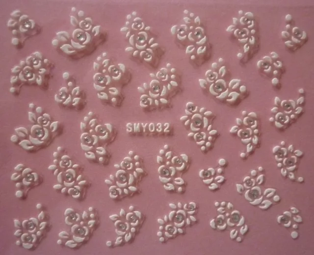 3d Manicura Lace pegatinas adhesivos Blanco Plata Flores pedrería