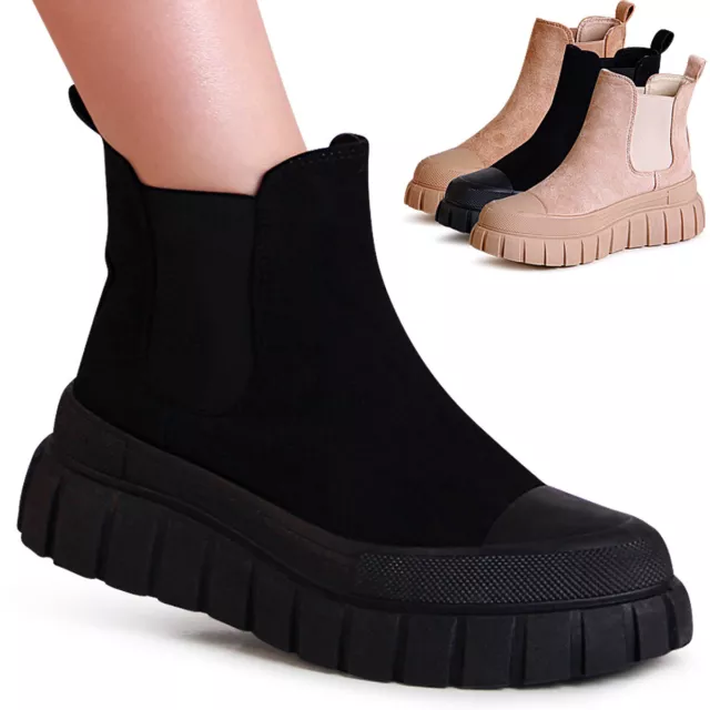 Chaussures Femme Plateforme Bottines Velours Chelsea Bottes Cheville Semelle