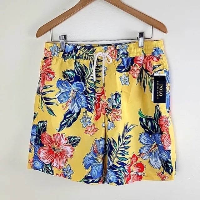 Polo Ralph Lauren Mens Floral Swim Trunks size M Yellow Hawaiian Beach Traveler