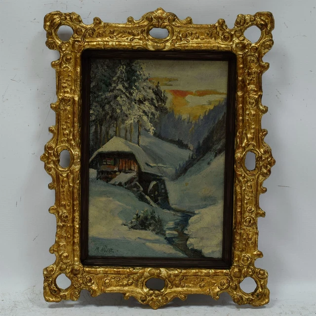 1920 Ancienne peinture à l'huile paysage d'hiver signée M. Münz 45x35 cm