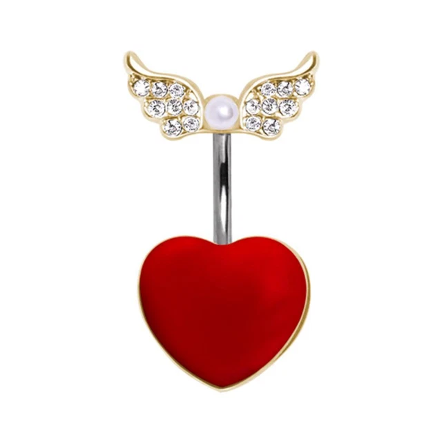 Red Heart Navel Ring with Soaring Gold-Plated Gemmed CZ Wings and Pearl B147